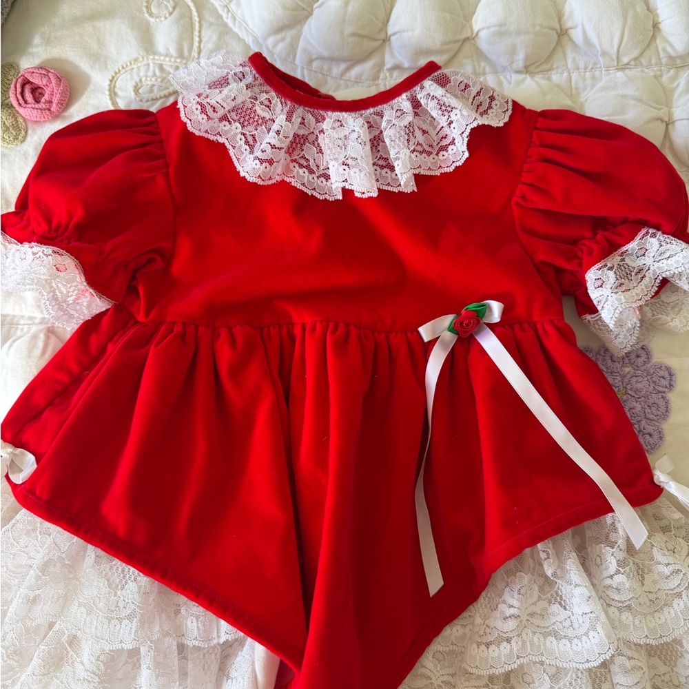 Vintage Velvet Red Lace Trim Holiday Dress with Ribbon Rose